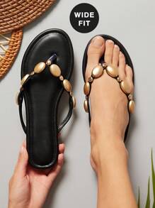 SHUZIA 宽版女士时尚休闲舒适 Thone 平底凉鞋，带彩色宝石装饰 - 朋克时尚、前卫 & - 黑色 - 查看 2