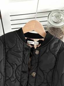 SHEIN 青少年女孩宽松休闲简约舒适豹纹印花圆领弧形下摆夹克 - 黑色 - 查看 4