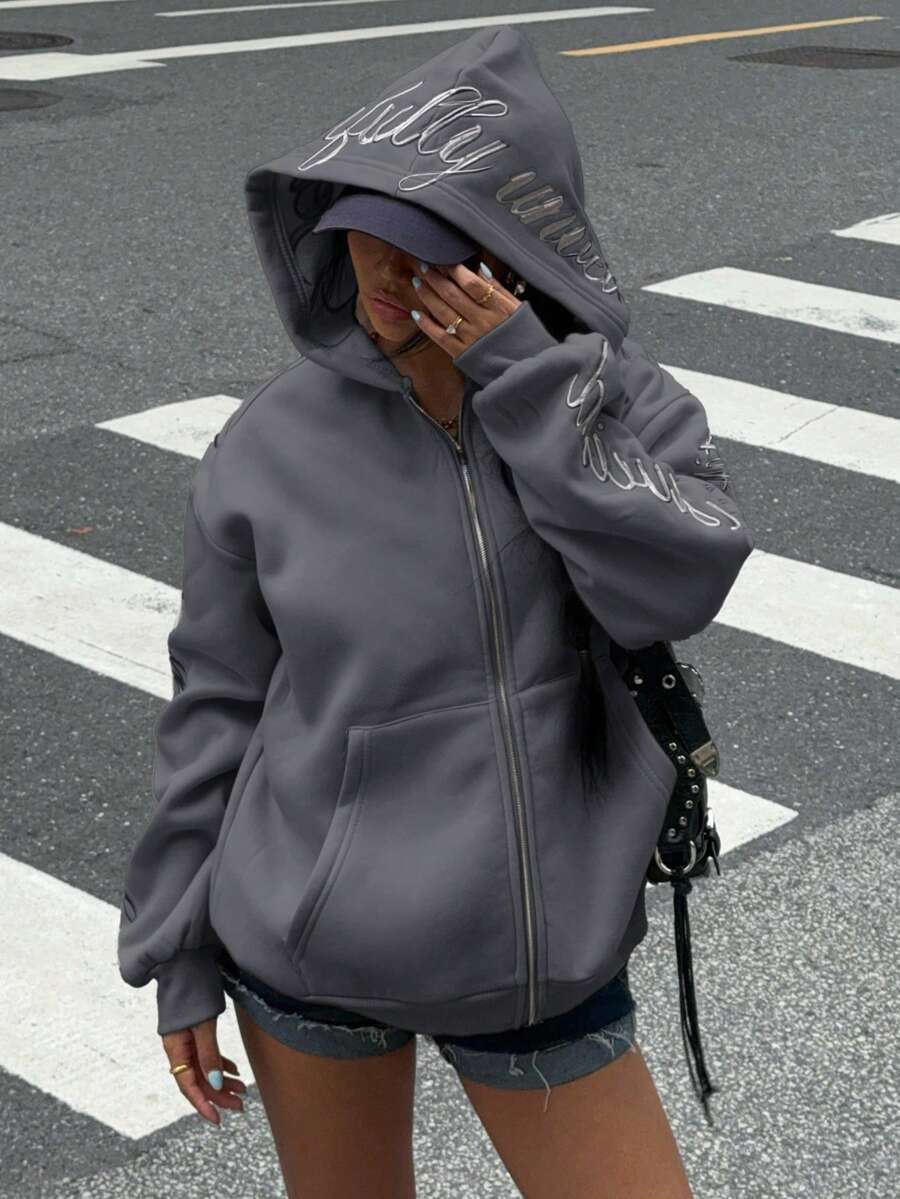 Muchica 女士休闲宽松日常街头风格秋冬拉链连帽卫衣 - 深灰色 - 查看 1