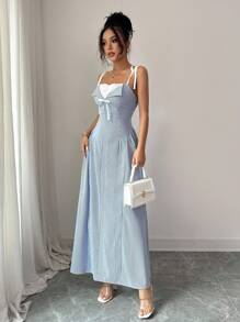 Elenzga 女式蓝白条纹拼接蕾丝花边腰部设计吊带连衣裙 - 藍白色 - 查看 5