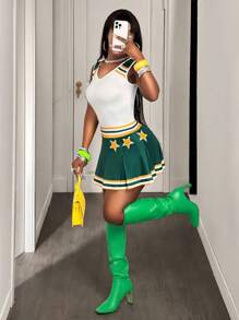 BamGleam Women's Sleeveless V-Neck Striped Star Print Pleated Hem Dress