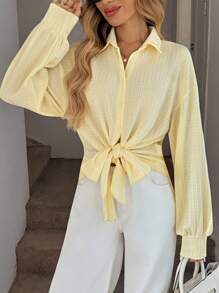Easowa 秋季女装针织纹理面料衬衫，领口系带袖口长袖衬衫，复古风格，适合夏季/秋季穿着，90年代伊比沙岛风情，女士沙滩装/夏季波西米亚复古风黄色系带衬衫，浅黄色上衣，柠檬黄衬衫，秋季返校季可爱夏季上衣，商务休闲女装，办公室女装，工作上衣，外出上衣，女教师款，秋季女教师款，纽扣衬衫，可爱上衣，秋季校服衬衫 - 黃色 - 查看 4