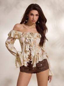 Shutterstock Glamance Áo kiểu nữ cổ điển in hoa, trễ vai, xếp nếp, phong cách phương Tây mùa thu đông, áo hoa trễ vai, kiểu Y2K 2000, áo dễ thương, áo đi học, áo dự tiệc, áo gợi cảm, áo suông cho nữ - Màu Khaki - Xem 3