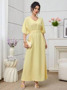 Yasmyna 中东阿拉伯风格黄色V领修腰修身连衣裙，夏季新款女士 - 黃色 - 查看 3