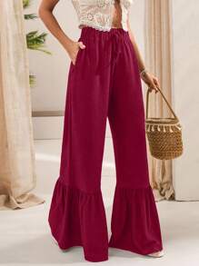 EURMUSE Elastic-Waist Black Flared Pants With Adjustable Drawstring And Tiered Ruffle Hem Detailing" - Burgundy - View 4