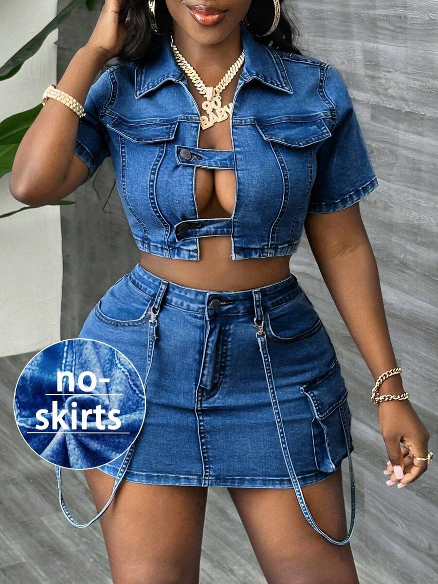 Slaydiva 女士牛仔上衣性感紧身短袖蓝色秋季女士秋季服装女士外套 - 中等水洗藍 - 查看 1