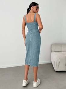 EURMUSE Slant Pocket Button Front Overall Denim Midi Dress - Baby Blue - View 2