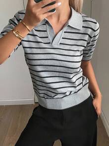DAZY 女式条纹V领短袖宽下摆针织上衣，休闲 - 灰色 - 查看 3