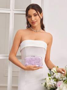 SHEIN Belle 女士、女士晚宴包、手包、花卉手包、时尚、奢华、奢华、迷人、优雅、花朵、蕾丝、亮片花朵、适合女孩、女士、女士、大学生、新娘、伴娘、婚礼宾客、蜜月、派对、舞会、婚礼、俱乐部、约会、晚会、约会之夜（随机正面和背面花朵设计/随机图案） - 淡紫色 - 查看 8