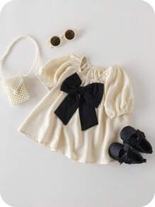 SHEIN Young Girl Woven Plain Round Neck Ruffle Bow Blouse - Apricot - View 4