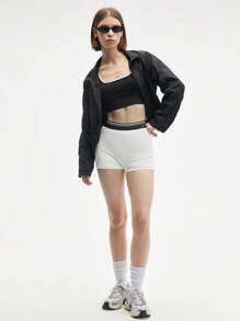 SHEIN Sports 女士高腰条纹紧身运动短裤，适合日常锻炼 - 白色 - 查看 3