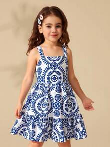 SHEIN Young Girl Adorable Floral Print Ruffle Hem Vacation Dress, Summer Blue And White Dress Girls Blue White Dresses Tween Girls Sundress Girls Summer Dress Sleeveless Aline Dress Girls