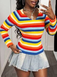 BamGleam Women V-Neck Long Sleeve Pullover Sweater, Colorful Ribbed Ribbed Slim Fit Slit Cuff Casual Knitted Top Fall Winter - Multicolor - View 1