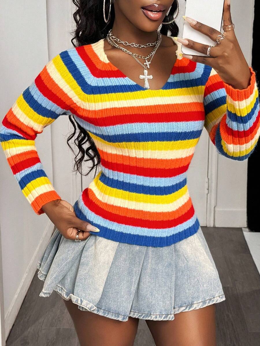 BamGleam Women V-Neck Long Sleeve Pullover Sweater, Colorful Ribbed Ribbed Slim Fit Slit Cuff Casual Knitted Top Fall Winter - Multicolor - View 1
