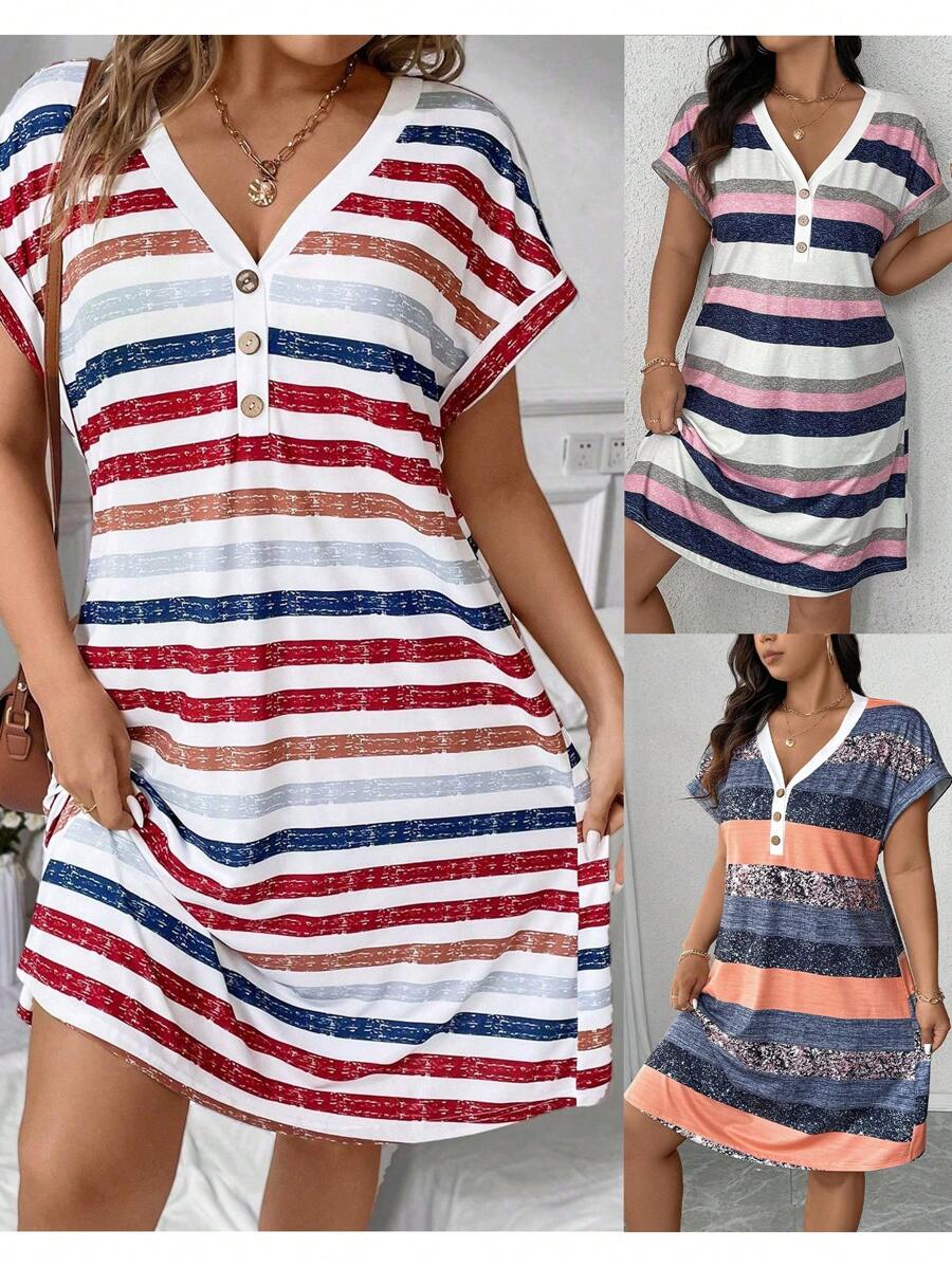 Calvaya Plus Size V-Neck Short Sleeve Dress With Cuffed Sleeve, Wood Button Decor, Striped Knit Printed, Casual Outdoor, Summer