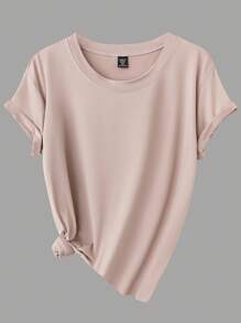 Calvaya Maglietta casual da donna taglie forti, 4 pezzi, tinta unita, scollo rotondo, manica corta, per l'estate