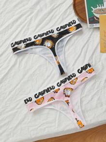 GARFIELD | SHEIN 女士舒适可爱卡通猫咪印花字母丁字裤 - 黑色 - 查看 2