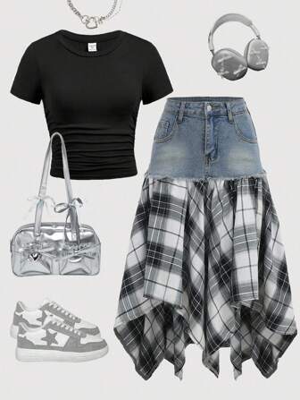 Girlism Tween Girls Fall And Winter Y2k Vintage Distressed Street Style Blue Denim Plaid Splicing Asymmetrical Hem Long Skirt Without Tops,New Product,Girls Back To School Clothes Outfits,Girls Streetwear Outfits,Plaid Denim Skirt