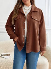SHEIN Frenchy Plus Size Women's Solid Color Drop Shoulder Long Sleeve Single-Breasted Casual Jacket,Fall Clothes For Women Winter Autumn - Coffee Brown - View 3