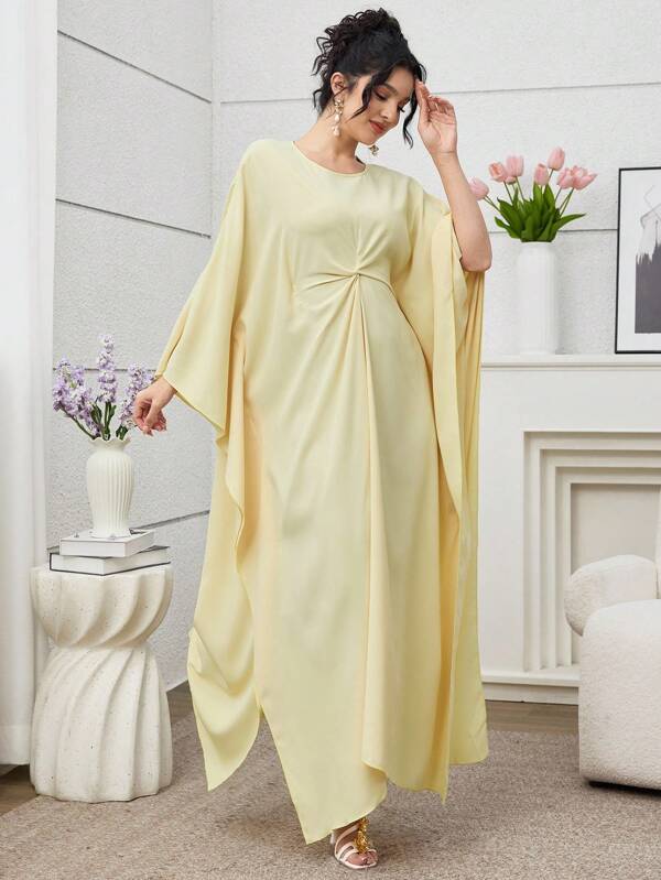 Yasmyna Round Neck Satin Batwing Sleeve Loose Dress Light Yellow Dress Women