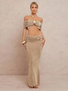 Lumalex 秋季假日派对装扮 老钱锐舞音乐节外出游泳度假优雅复活节波西米亚风海滩热门户外层次丰富的婚礼季宴会成人礼海滩海边金属装饰褶皱露肩短款上衣和裙子性感两件套女士米金色阳光两件套沙滩两件套 - 駝色 - 查看 8