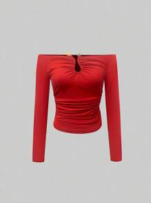 SHEIN Privé Women's Solid Color Off-Shoulder Long Sleeve Slim Fit T-Shirt, Red Top, Casual Everyday Wear