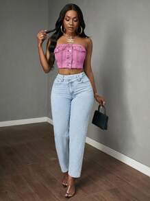 Slaydiva 夏季街头时尚前扣磨边短款上衣 - 粉色 - 查看 2