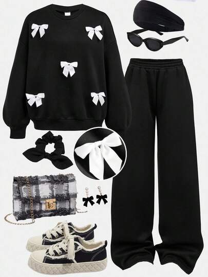 SHEIN Girlism 少女休闲运动套装，黑色连帽衫搭配撞色蝴蝶结和休闲抽绳运动裤