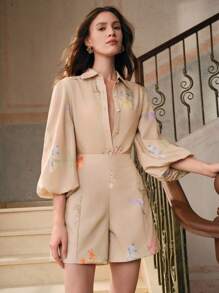 Anewsta Quần short ống rộng in họa tiết hoa mùa hè cho nữ - Màu Khaki - Xem 6