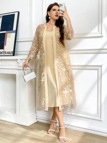 Ellevyn 加大码两件套：优雅网眼亮片叶刺绣开衫和连衣裙，夏季 - 香檳色 - 查看 4