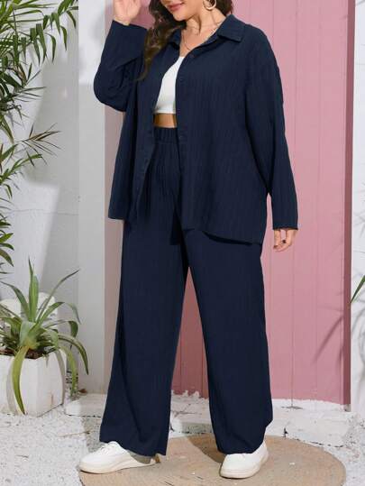 SHEIN Essnce Plus Size Casual & Comfortable Wave Texture 2 Pieces Set,Fall Clothes For Women