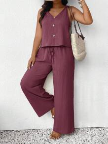 SHEIN Frenchy 2件套大码休闲度假纹理绿色扭纹背心和直筒裤 - 紫色 - 查看 6