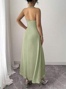 Modelyn French Elegant Solid Color V-Neck Halter Backless Waist Shaping Dress - Green - View 2