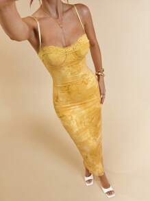 SHEIN BAE Đầm dài ôm vừa vặn họa tiết hoa gợi cảm in ren có dây mảnh dành cho nữ, thiết kế cổ điển, mùa hè - Màu vàng - Xem 7