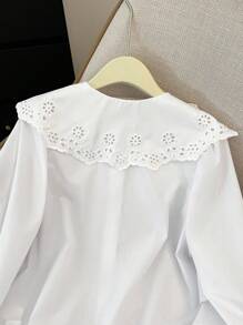 SHEIN 少女女孩白色梭织纯色拼接刺绣大翻领泡泡袖长袖学院风优雅复古休闲衬衫 返校季情人节童装春夏秋冬装小清新女童 - 白色 - 查看 6