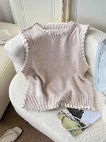 SHEIN LUNE 女士休闲拼色宽松针织背心上衣针织背心无袖针织上衣女士针织背心毛衣背心返校秋季女装秋季外出上衣女士学校外出上衣秋季服装返校服装学校服装女士秋季服装可爱衬衫老款女士商务休闲女士返校服装 - 杏色 - 查看 1