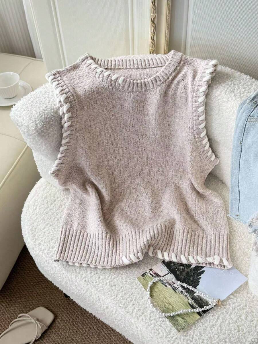 SHEIN LUNE 女士休闲拼色宽松针织背心上衣针织背心无袖针织上衣女士针织背心毛衣背心返校秋季女装秋季外出上衣女士学校外出上衣秋季服装返校服装学校服装女士秋季服装可爱衬衫老款女士商务休闲女士返校服装 - 杏色 - 查看 1