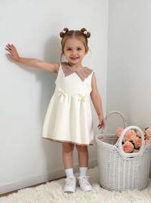 Baby Girls' Casual Summer Colorblock Bow Decor Cute Sweater Dress - Apricot - View 3