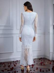 Modelyn Đầm dài tay thanh lịch dành cho nữ cổ vuông và lưới - Màu xanh lam - Xem 4