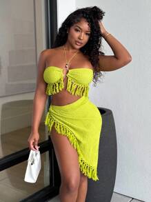 Alexandranx 流苏装饰纹理针织面料吊带上衣和不对称下摆裙子套装打造性感海滩度假造型 - 綠色 - 查看 1