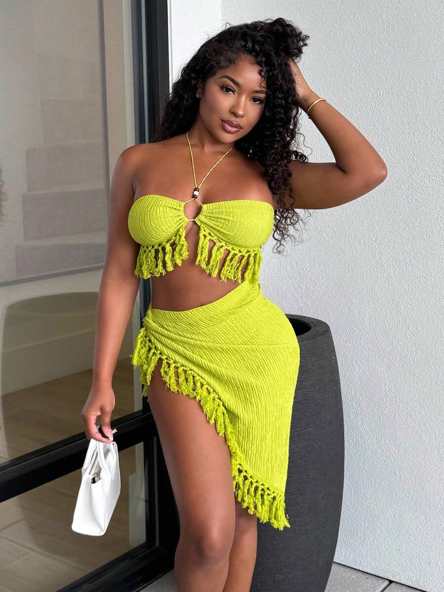 Alexandranx 流苏装饰纹理针织面料吊带上衣和不对称下摆裙子套装打造性感海滩度假造型 - 綠色 - 查看 1