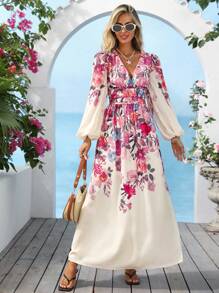 Vivid Eden 波西米亚花卉印花V领长袖连衣裙 - 彩色 - 查看 3