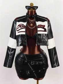 Amplova Damen Farbblock Frontzipp Langarm Buchstaben Muster einfache PU Jacke