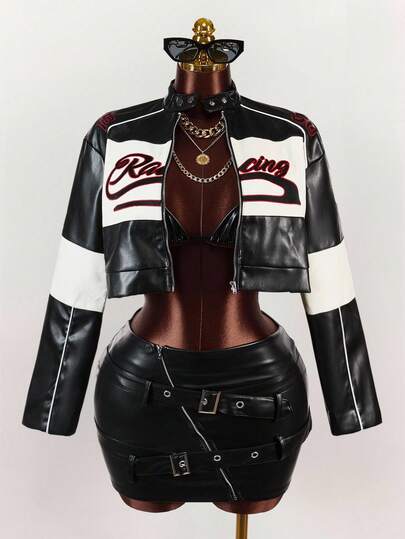 Amplova Women's Colorblock Front Zipper Long Sleeve Letter Print Simple PU Jacket