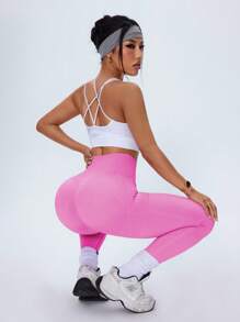 SHEIN Sport Studio Mallas sin costuras de cintura alta para mujer, color rosa, para uso diario casual y de fitness