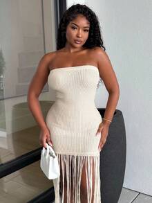 Alexandranx Island Girl Crochet Dress Cover Up Apricot Linen Strapless Strapless Spring And Summer Vacation Beach Extra Long Tassel Mini Crochet Dress - Apricot - View 5