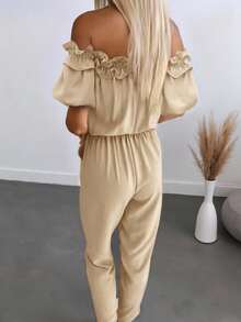 INAWLY Plus Size Women One Piece Jumpsuit With Ruffle Trim Off-Shoulder Short Sleeve And Pockets, Loose Fit - Apricot - View 2