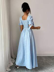 Elenzga 新款女式方领提花面料泡泡袖系带蝴蝶结露背休闲连衣裙，优雅百搭，适合日常穿着和度假 - 藍色 - 查看 3