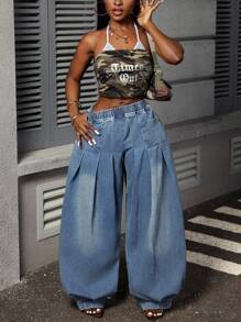 Slaydiva Quần Jeans/Quần ống rộng ống loe cỡ lớn - Màu xanh lam - Xem 7