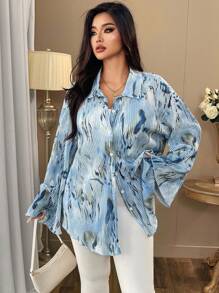 Auvina Plus Size Women's Random Floral Print Bell Sleeve Blouse, Spring Autumn Women Shirt,Long Sleeve Tops